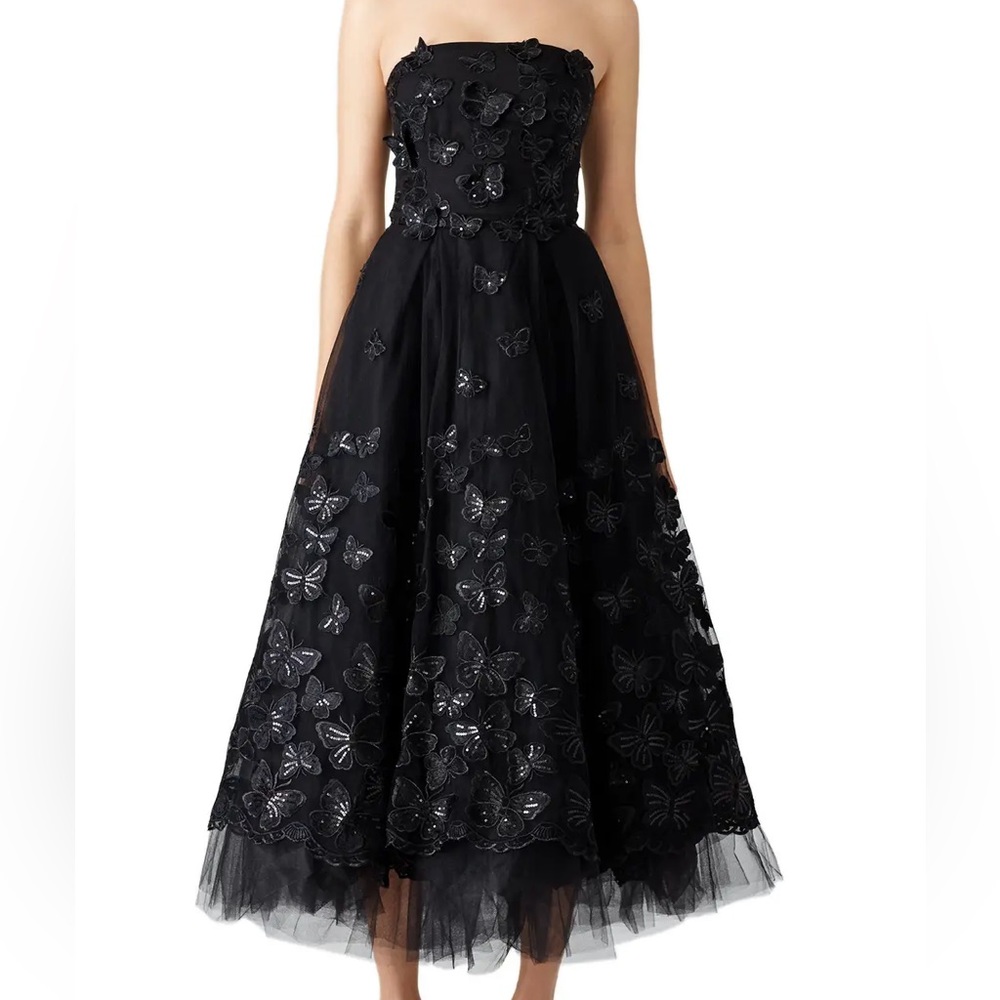 Marchesa Notte tea length black dress w butterfly appliqués